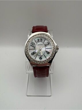 Gruen Crystal Bezel Mother-of-Pearl Dial Watch with Red Crocodile Strap